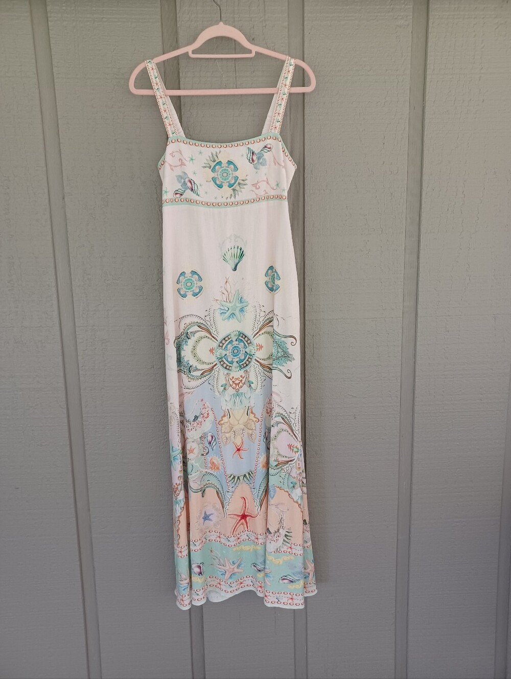 Christian Lacroix Linen Blend Print Maxi Dress Size S Pockets Smocked Resortwear